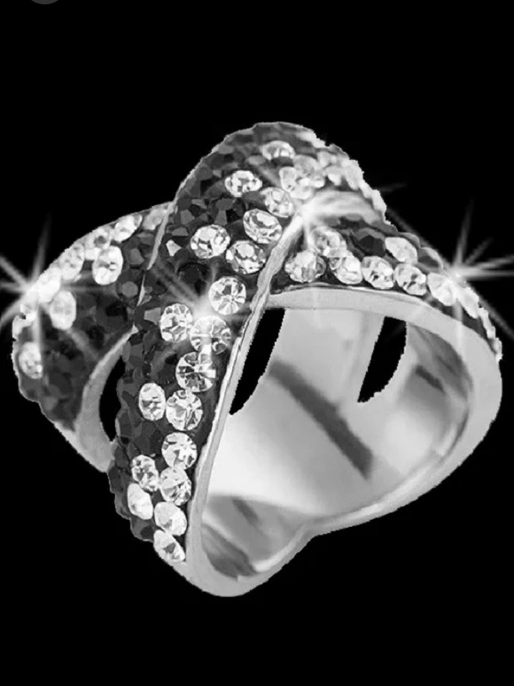 New Pave Set Black Criss Cross Crystal cz Silver Stainless statement Steel Ring